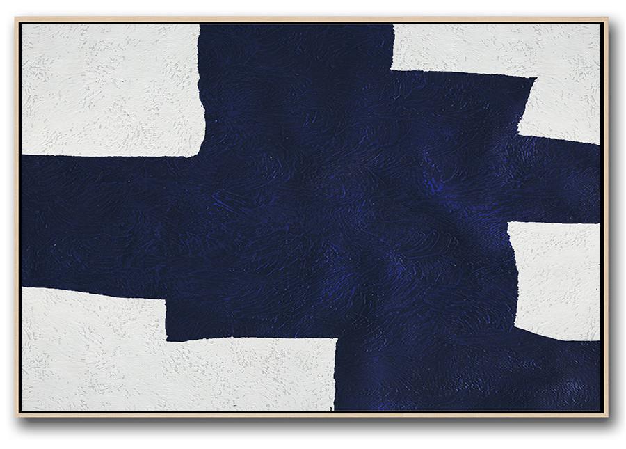 Horizontal Abstract Painting Navy Blue Minimalist Painting On Canvas - Fine Art Collection Large